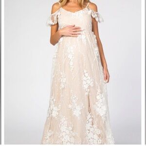 Pink Blush Floral Maternity Lace Off-Shoulder Dress